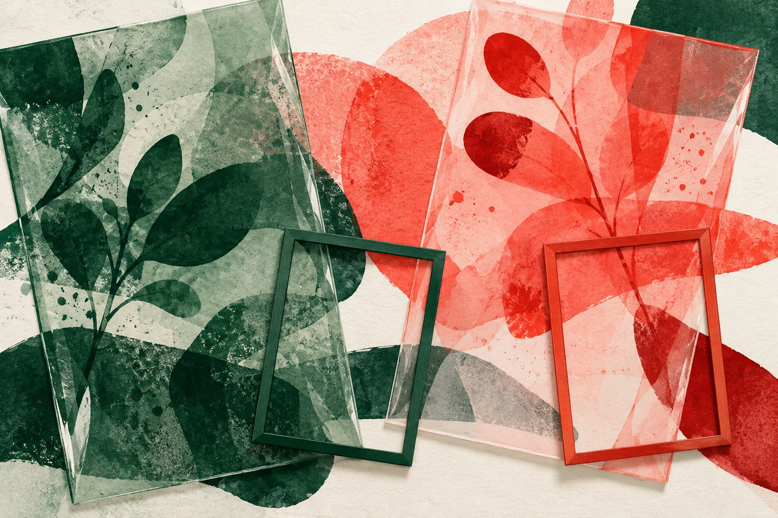 Ilustración IA: láminas coloreadas imaginarias junto a dos marcos vacíos sin cifras ni etiquetas. Composición imaginaria, no documenta personas, datos, pruebas o hechos reales.