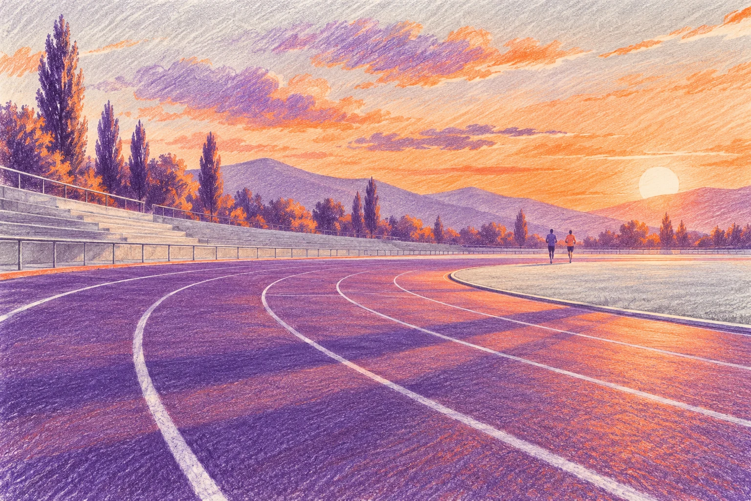 Ilustración IA: pista deportiva vacía con dos corredores anónimos muy pequeños al fondo y sin emblemas. Composición imaginaria, no documenta personas, datos, pruebas o hechos reales.