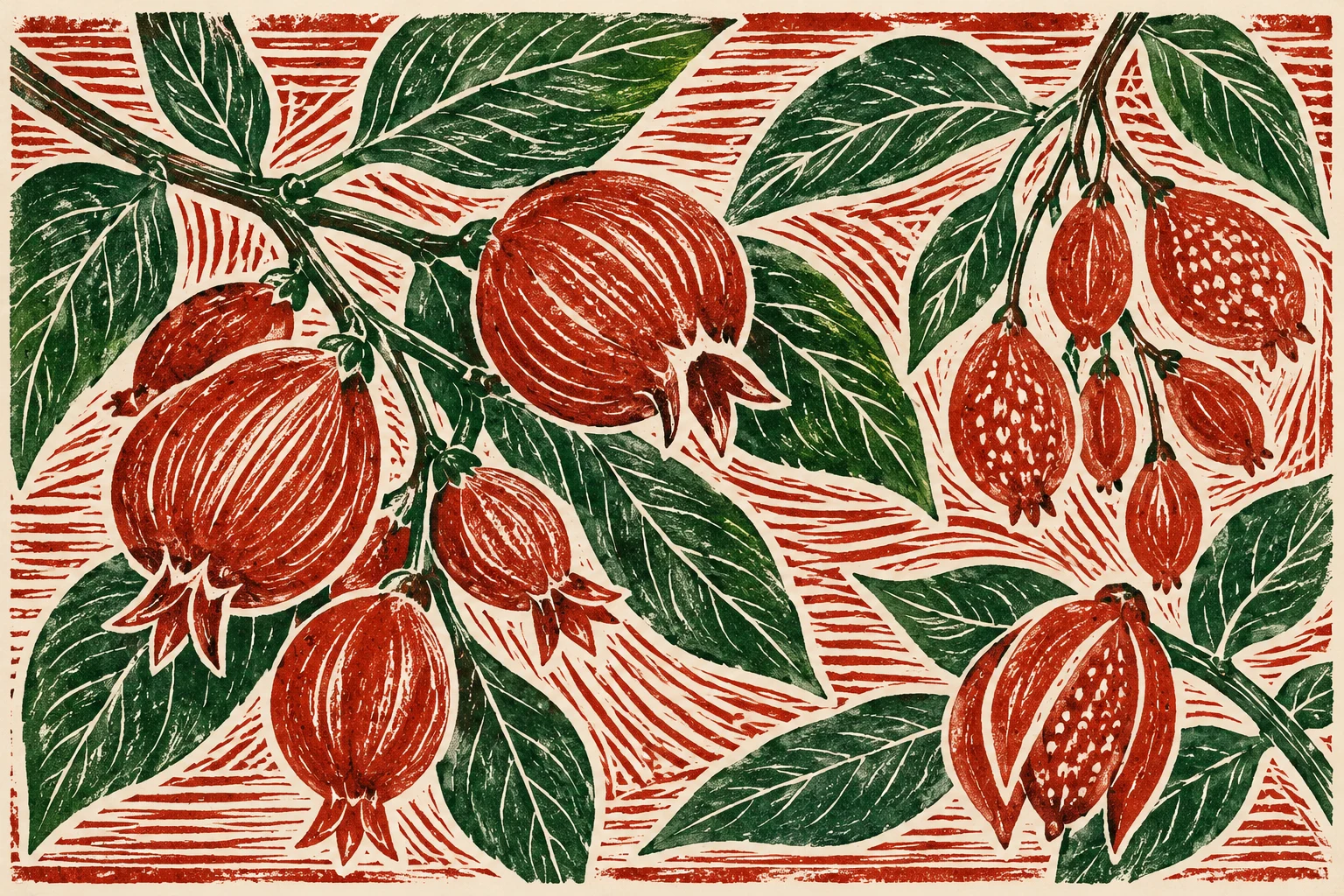 Ilustración IA: frutos genéricos y hojas sobre un fondo de líneas talladas, sin etiquetas, sellos ni producto comercial. Composición imaginaria, no documenta personas, datos, pruebas o hechos reales.
