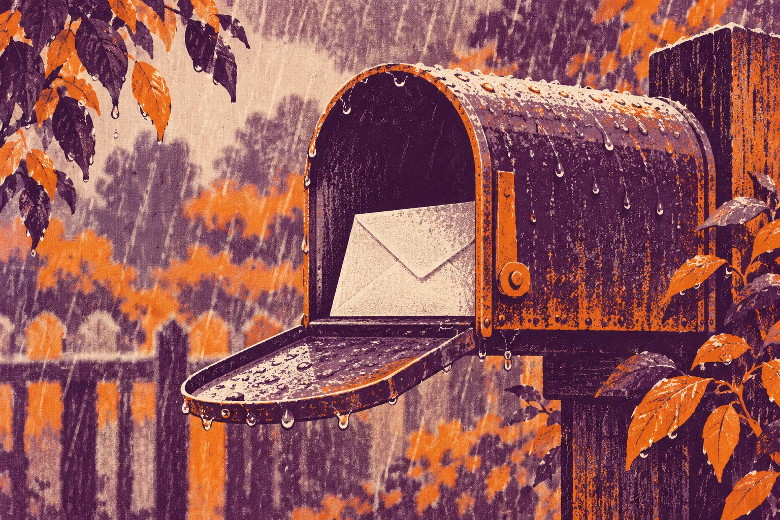 Ilustración IA: caja de correspondencia genérica con sobre liso protegido de la lluvia, sin dirección, nombres ni documentos reales. Composición imaginaria, no documenta personas, datos, pruebas o hechos reales.
