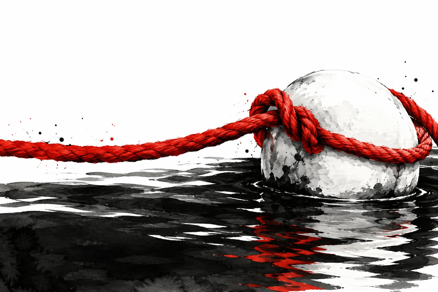 Ilustración IA en aguada: boya imaginaria rodeada por cuerda roja sobre agua negra; metáfora de provisionalidad, sin cheque, cuenta o pago reales.