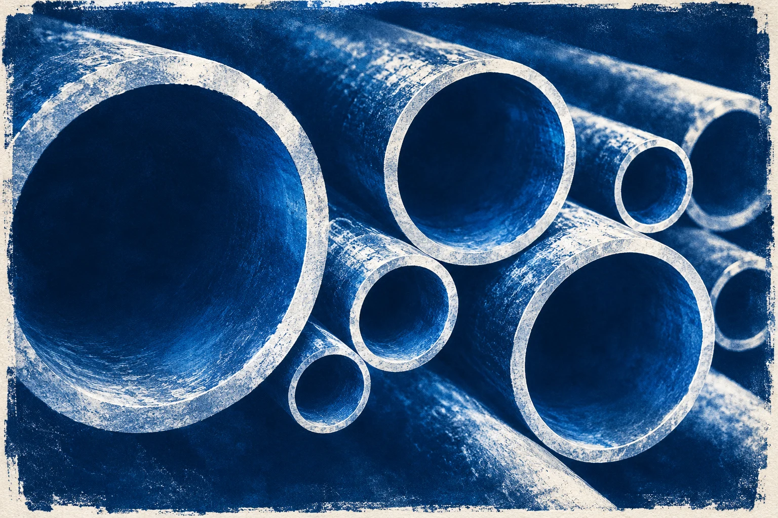 Ilustración IA inspirada en cianotipia: tubos industriales ficticios azules y blancos; no inventario ni instalaciones de Tubos Reunidos.