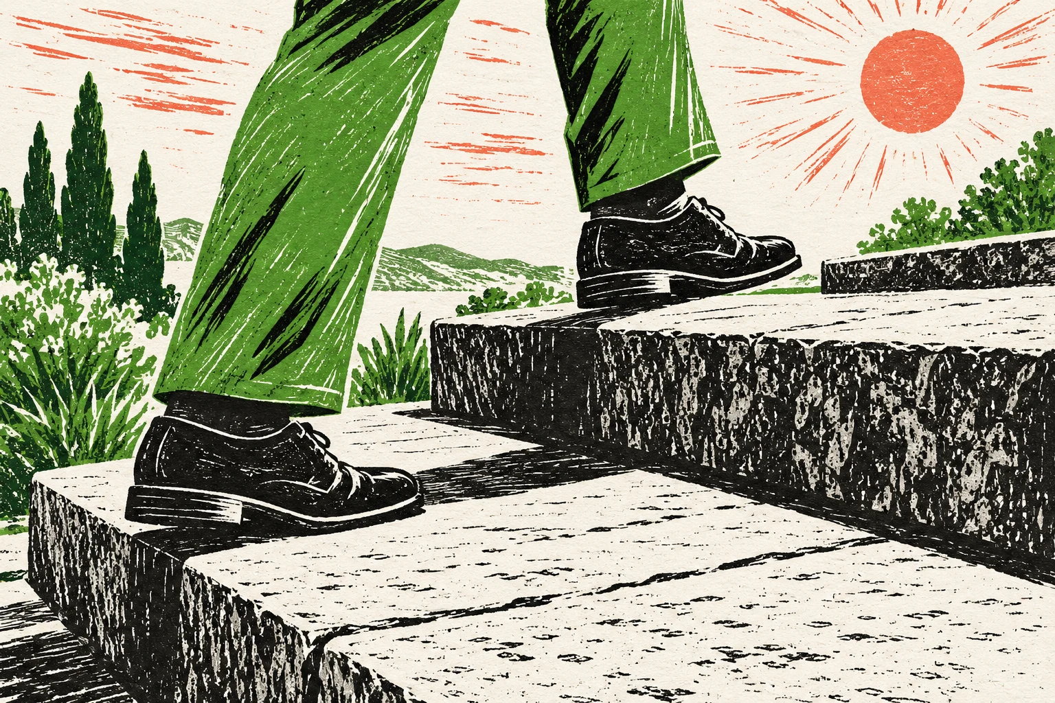 Piernas adultas ficticias subiendo escalones en un linograbado; ilustración IA conceptual, sin contribuyente, sede fiscal o pago reales.