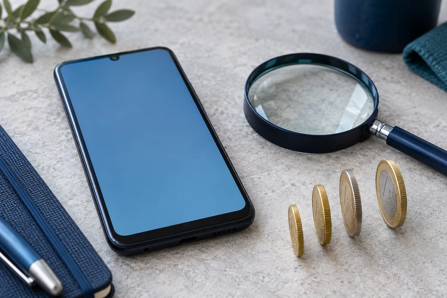 Teléfono genérico con pantalla vacía, monedas y una lupa