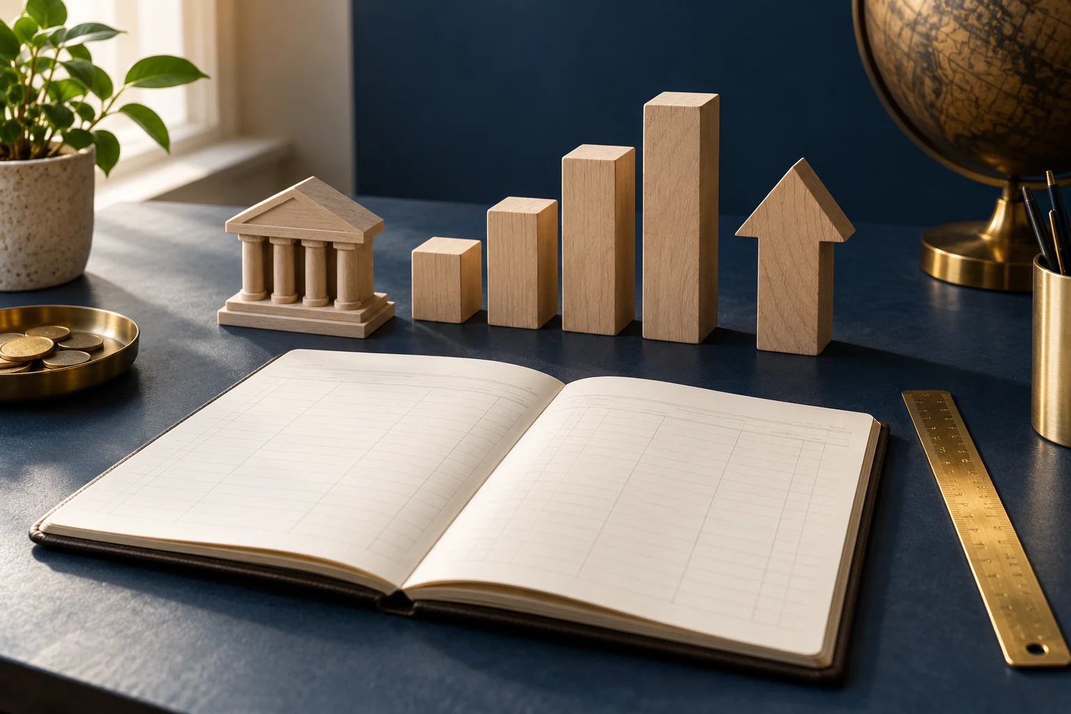 Cuaderno y bloques de madera como concepto de diseño fiscal y crecimiento