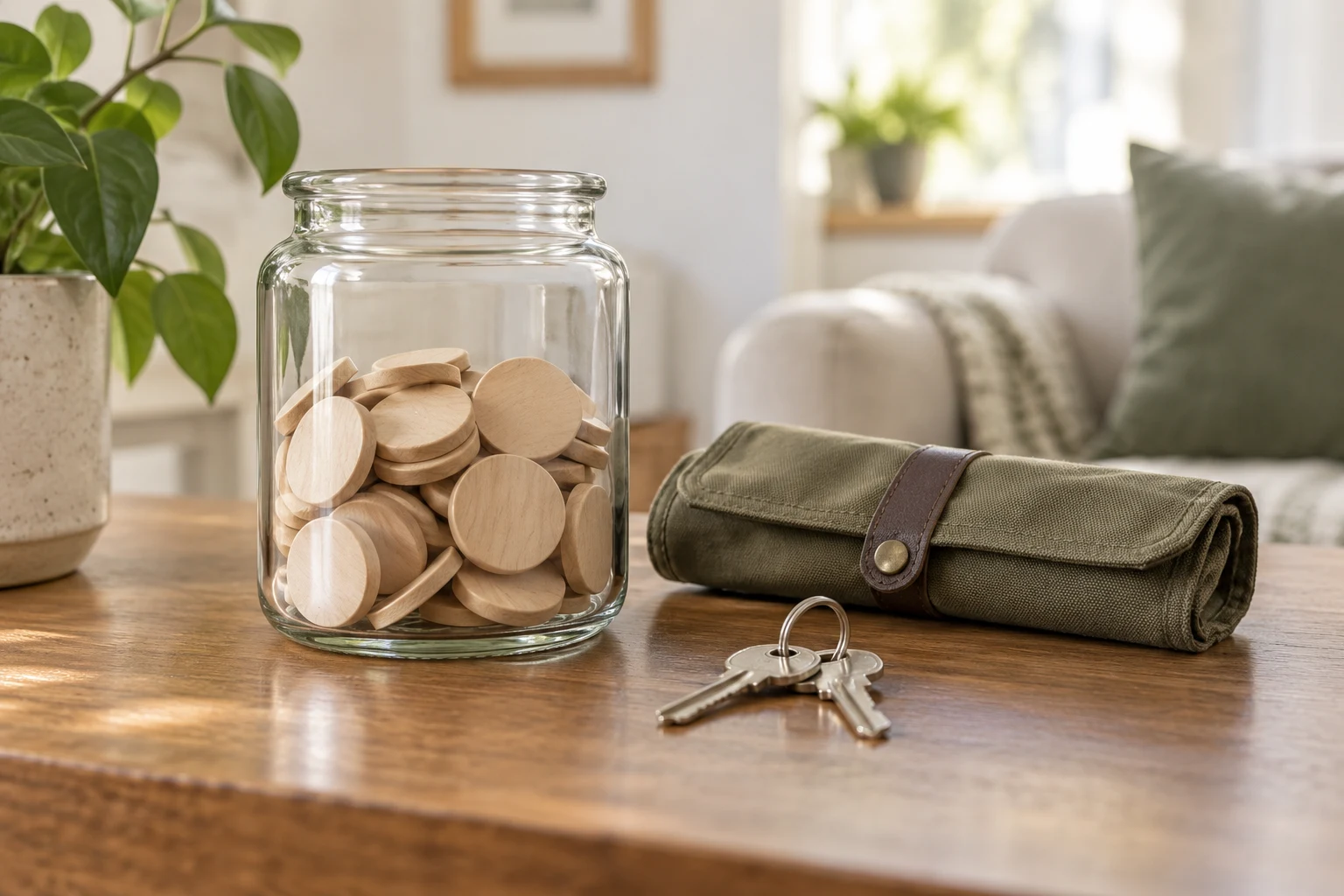 Tarro con fichas de madera, llaves y una bolsa de herramientas