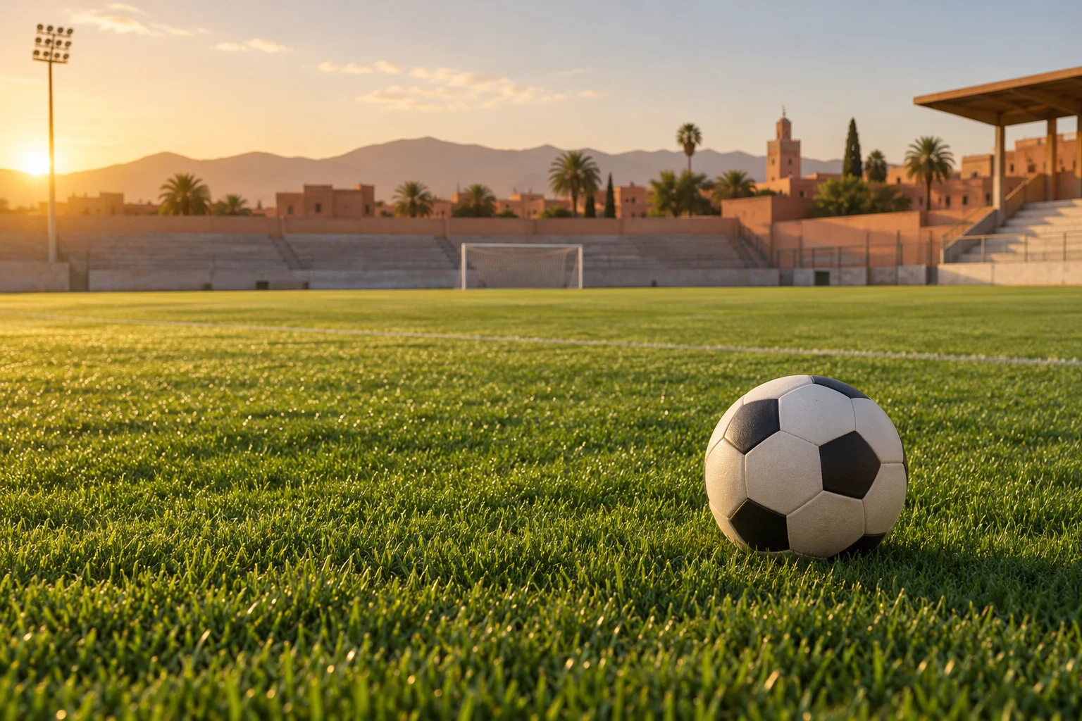 Balón sin marca sobre el césped de un campo de fútbol vacío
