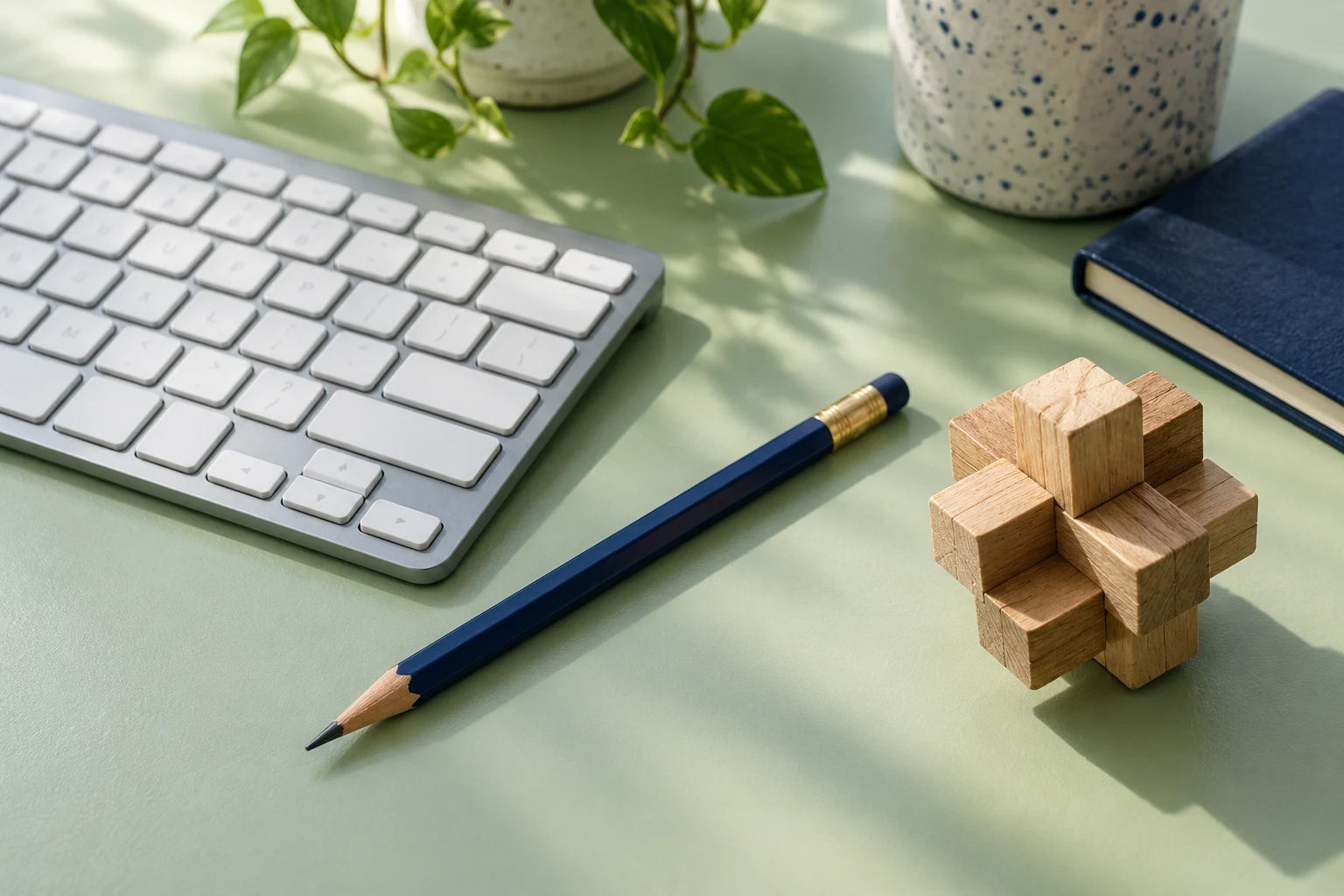 Teclado, lápiz y rompecabezas de madera como concepto de competencias complementarias