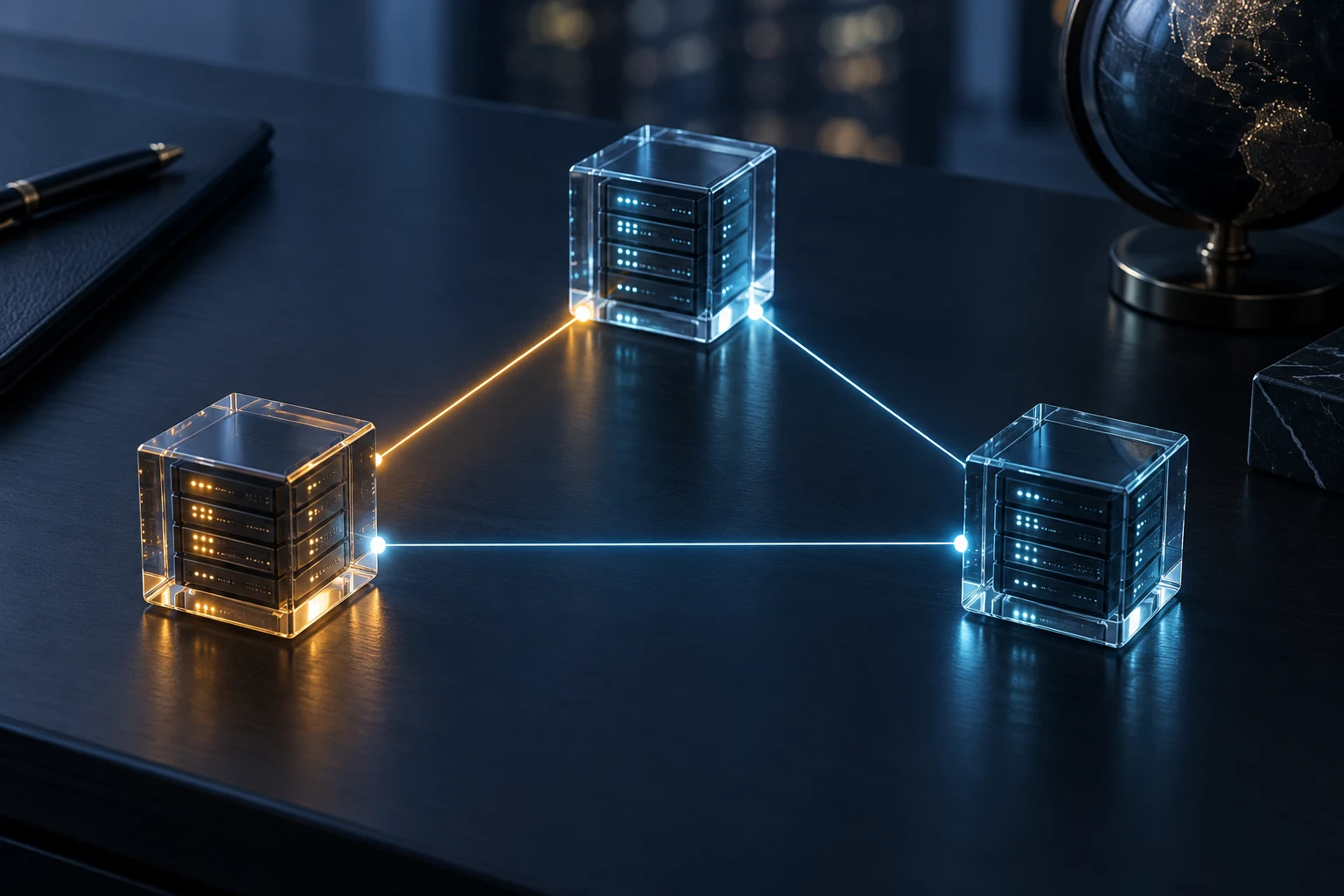 Tres bloques conceptuales de servidores unidos por líneas luminosas