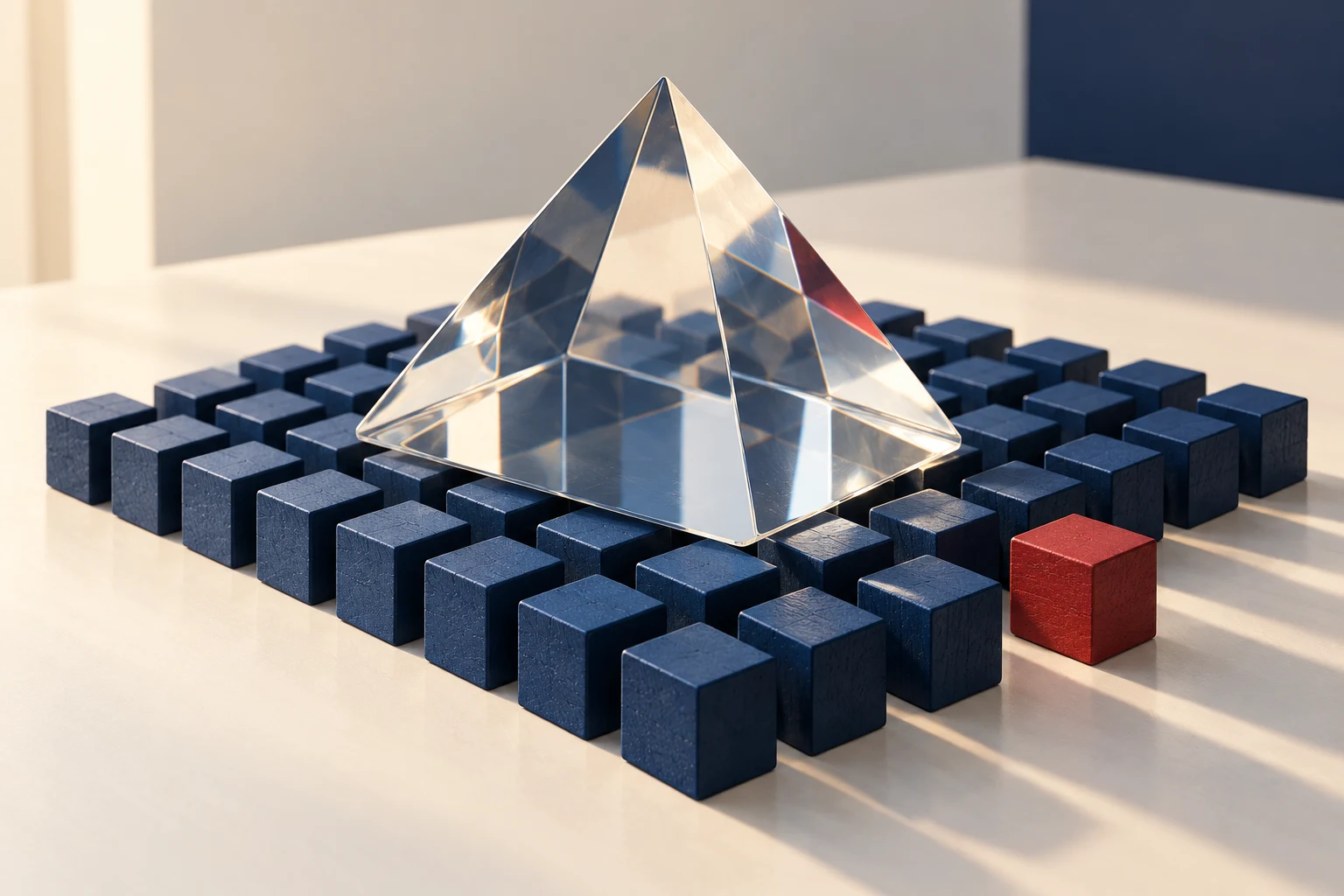 Prisma de cristal sobre cubos azules como concepto de supervisión de una referencia