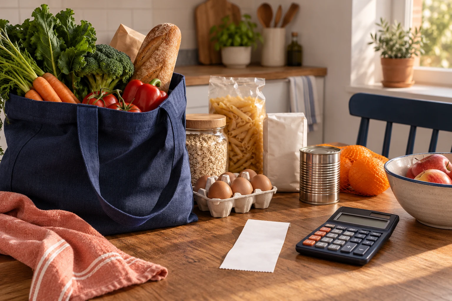 Bolsa de alimentos, calculadora y recibo sin cifras sobre una mesa de cocina