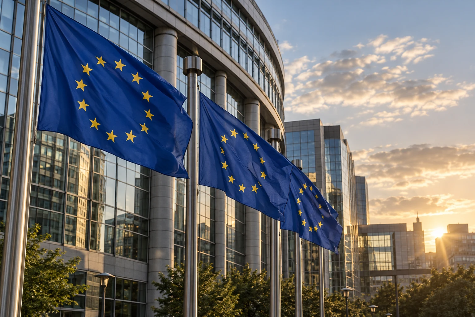 Banderas europeas ante un edificio institucional genérico