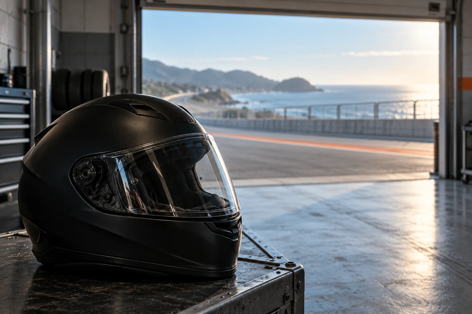 Casco de motociclismo sin marca en un garaje conceptual junto a un circuito costero