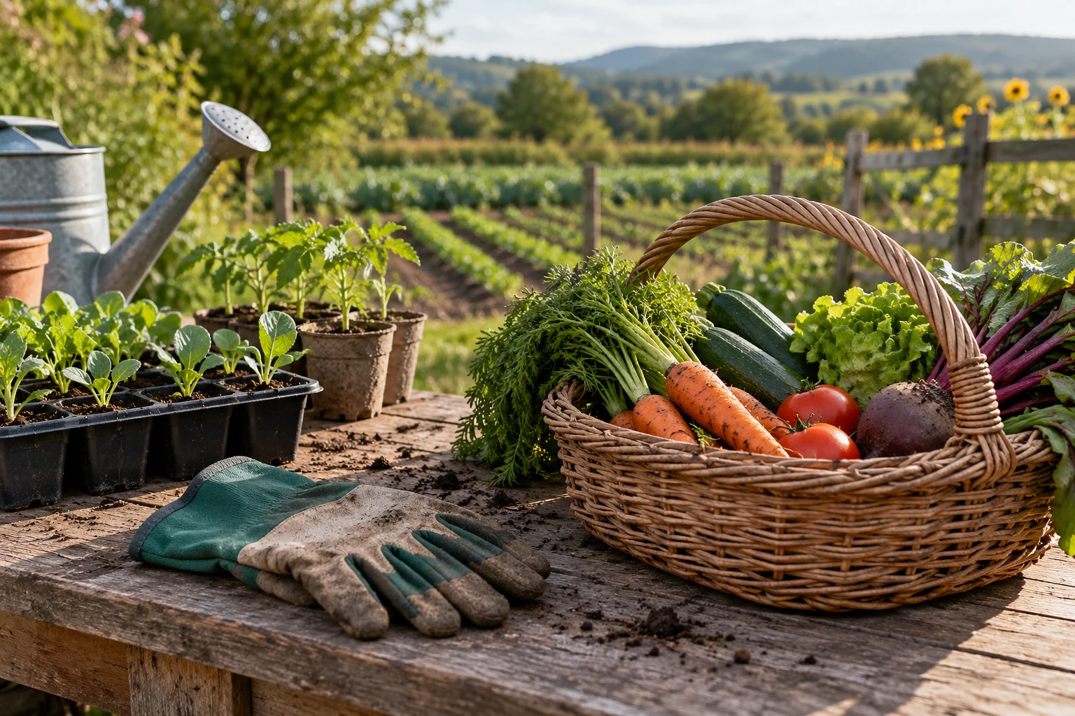 Guantes, plantones y una cesta de verduras en una mesa de trabajo rural conceptual