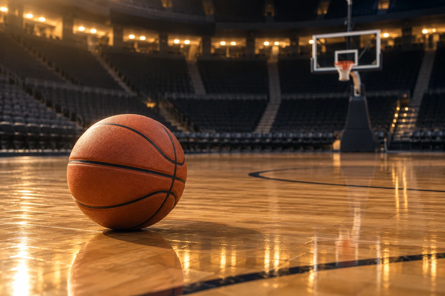 Balón de baloncesto sin marca en una cancha interior vacía