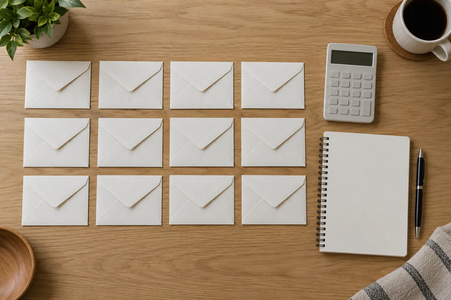 Sobres sin etiquetas junto a una calculadora y un cuaderno