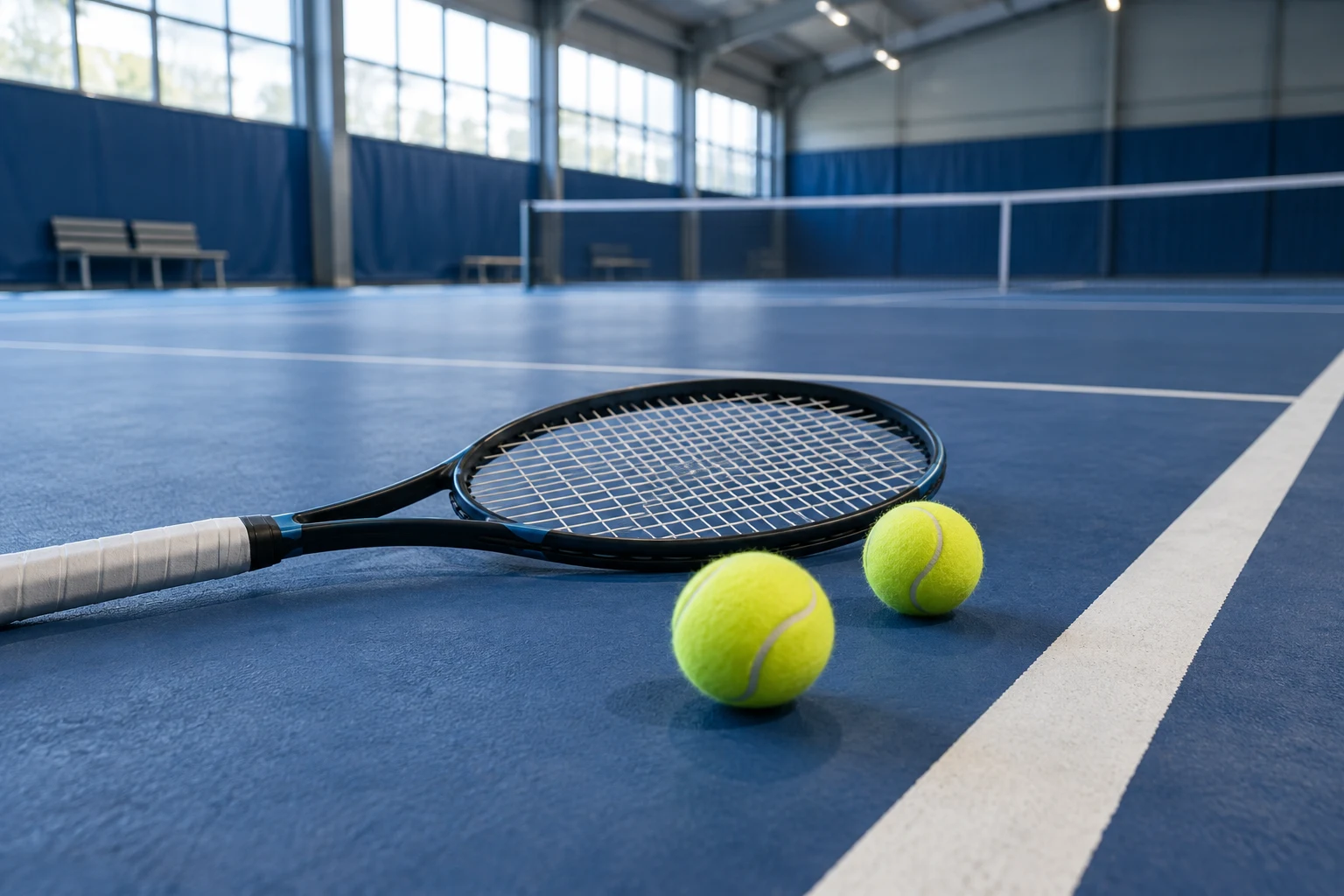 Raqueta y pelotas de tenis sin marca sobre una pista interior conceptual