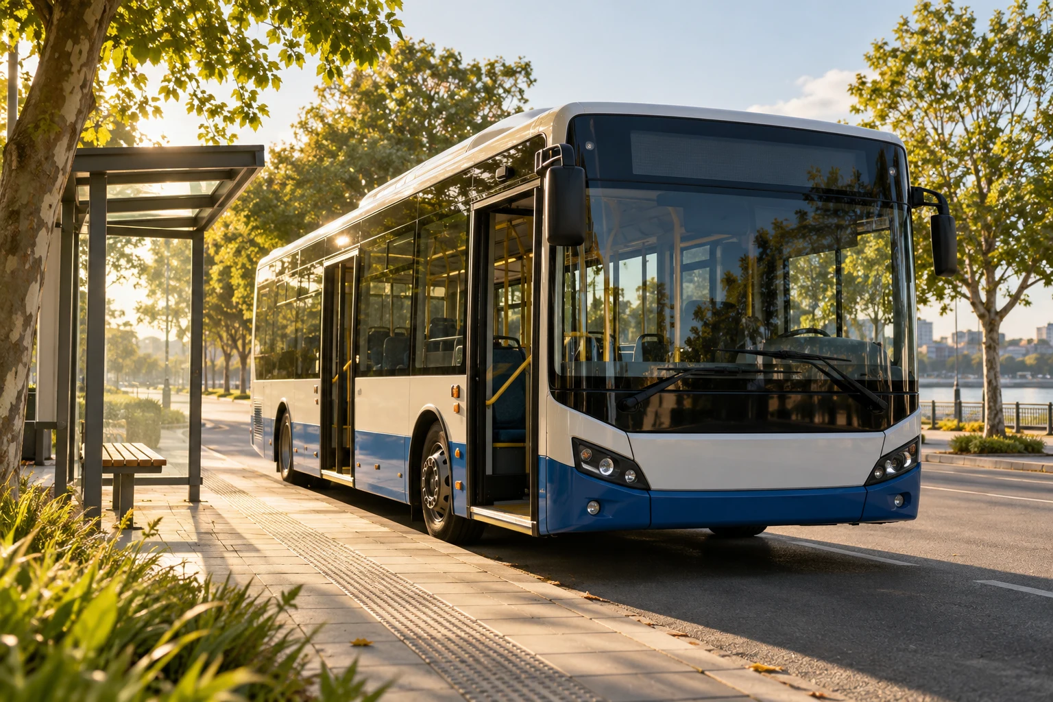 Autobús genérico vacío junto a una parada arbolada
